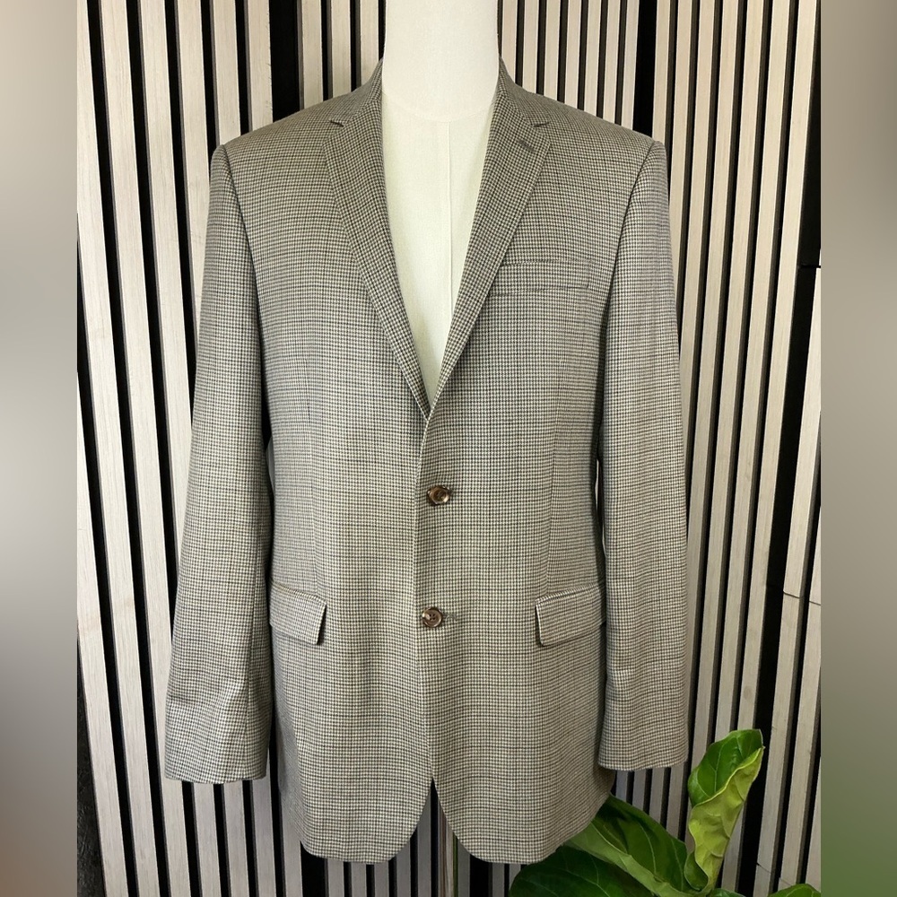 Ralph Lauren Mens 42L Tan/Blue/Gray Houndstooth Wool Silk Sport Coat Blazer